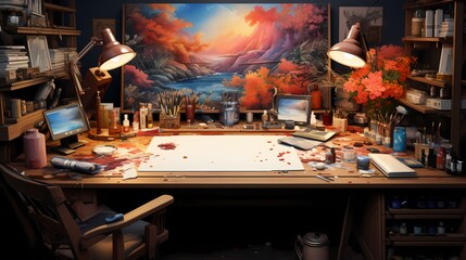 A top-down view of an artist's studio, with paints, brushes, and canvases scattered across the...