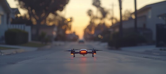 Delivery drone in suburban neighborhood at twilight, illustrating efficiency and automation concept