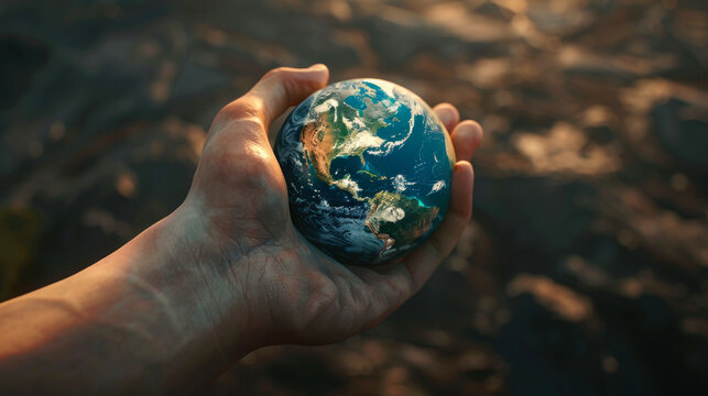 A conceptual image of a human hand holding a vibrant earth globe with a sunrise effect in the background