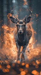 Scared deer surrounded by smoke and embers