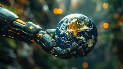 A highly detailed robotic arm grips the Earth with a lush green forest in the background, representing technology and nature