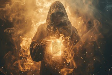 A mysterious figure surrounded by a glow, holding a tarot card in their hand - obrazy, fototapety, plakaty