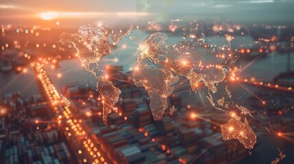 Global Logistics Network Concept over Cargo Warehouse. Holographic world map overlaying a view of a busy cargo warehouse, symbolizing global trade and logistics.