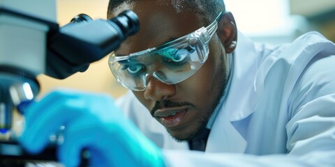 African American guy scientist in a doctor's coat in the laboratory looking through a microscope, science week, banner