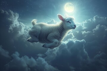 Design a surreal artwork of a lamb floating serenely in a heavenly setting - obrazy, fototapety, plakaty