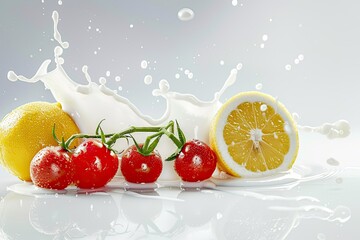  splash of milk and tomatoes lemon isolated on white 