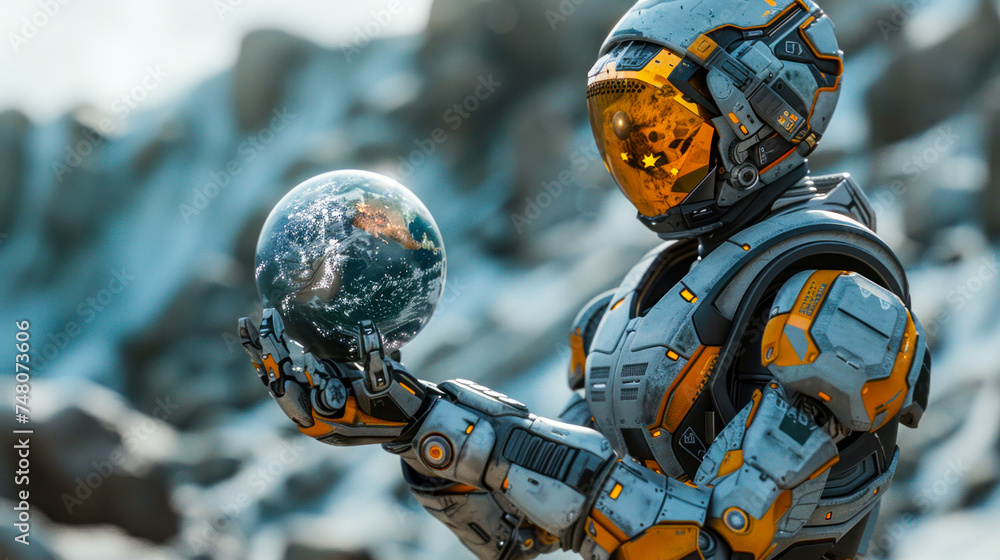 Poster a detailed image of an advanced robot in a spacesuit cradling a small planet earth in a desolate roc