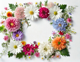 Moldura feita com flores variadas e coloridas e fundo branco com espaço para escrever.