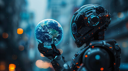 Atmospheric image of a robot perched high above a cityscape, a reflective Earth glowing in its hands, juxtaposing urban life with global awareness - obrazy, fototapety, plakaty