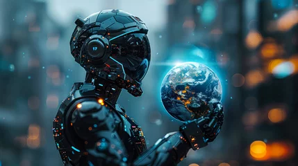 Foto op Canvas An advanced robotic figure is holding Earth with blurred lights in the background highlighting technology's role in world affairs © Fxquadro