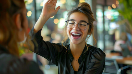 A cheerful person wearing eyeglasses is waving hello with a bright smile in a social setting, conveying a warm and welcoming demeanor. - obrazy, fototapety, plakaty