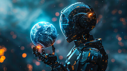 A dark, sleek robot holds a glowing Earth amidst a bokeh background, suggesting the hope of technology in preserving our planet