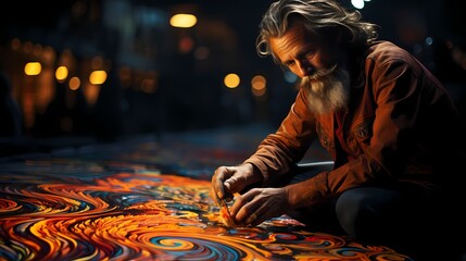 A visually striking image of a street performer creating a large-scale chalk drawing on the...