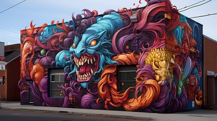 A visually striking image of a street mural, filled with bold and colorful graffiti art, showcasing urban expression and creativity, captured with high-definition clarity and realistic textures - obrazy, fototapety, plakaty