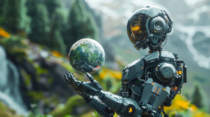 Fototapeta premium A robot in a natural landscape gently holds a globe, juxtaposing technology and nature