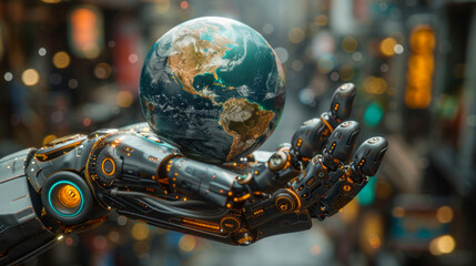 A close-up image focusing on a sophisticated robotic hand grasping the Earth, suggesting a futuristic perspective on global protection and technology