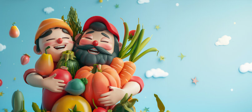 A vibrant 3D rendering featuring adult people and children cartoon characters joyfully carrying or hugging an assortment of fresh, healthy fruits and vegetables. for promoting healthy eating habits