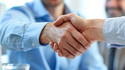 Two individuals in a formal setting are engaging in a firm handshake, symbolizing a professional agreement or partnership.