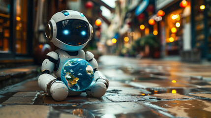 Cute small robot holds a miniature Earth glowing with life amidst a charming evening street setting - 748074224