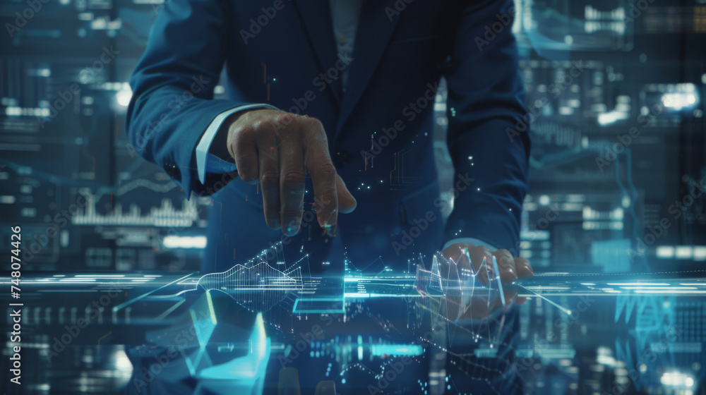 Poster person in a business suit is interacting with a futuristic holographic display of graphs and data an