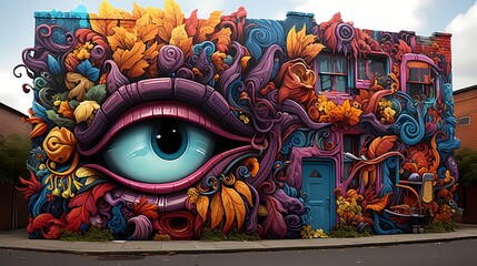 A visually striking image of a street mural, filled with bold and colorful graffiti art, showcasing urban expression and creativity, captured with high-definition clarity and realistic textures - obrazy, fototapety, plakaty