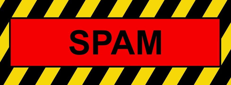 Ilustra&ccedil;&atilde;o de um sinal de alerta com listras pretas e amarelas e a palavra Spam sobre um fundo vermelho. Letreiro com alerta de spam