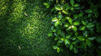 Sunlit green leaves over vibrant grass