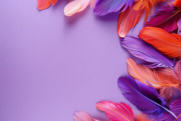 Vibrant feathers artistically arranged against a clean purple background, providing plenty of space for additional design elements. Perfect for projects related to crafts, fashion, or decor