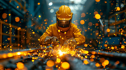 Professional welder making steel parts in a workshop. A man in protective clothing welds metal structures at a factory. - obrazy, fototapety, plakaty