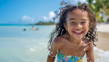 Happy child girl Walking on a Beach in the Caribbean