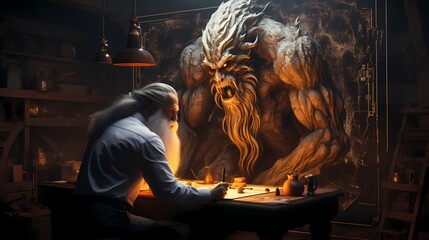 An artist drawing a fantasy creature on a whiteboard, using imagination and creativity to bring the...
