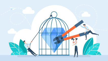Diamond in birdcage. Metaphor of financial freedom, freedom of money. Financial freedom. Diamond is free from restrictions, sanctions and bans. Flat illustration - obrazy, fototapety, plakaty