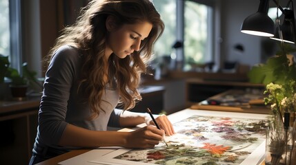 An artist sketching a botanical illustration on a whiteboard, capturing the intricate details of...