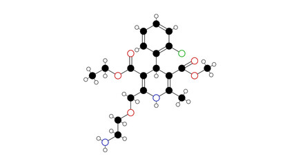 amlodipine molecule, structural chemical formula, ball-and-stick model, isolated image calcium channel blocker