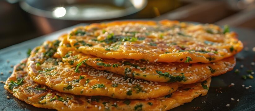 A close-up view of a stack of Sicilian street food pane e panelle on a wooden table. The food consists of chickpea flour and parsley pancakes seasoned with salt, lemon, and sesame seeds.
