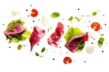 Thinly sliced beef steak Steak salad ingredients falling on a transparent white background.