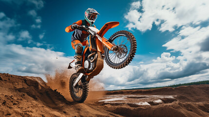 An offroad motocross motor bike, in mid air during a jump with a dirt trail with blue sky....