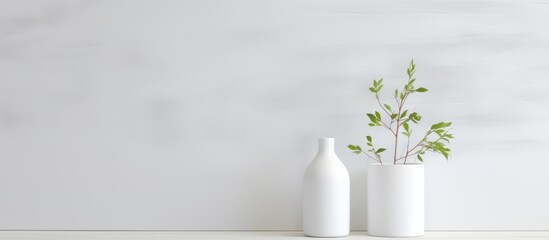 Two ceramic white vases sit atop a white table in a Scandinavian-style interior. The vases contrast beautifully against the white background, adding a minimalistic touch to the space.