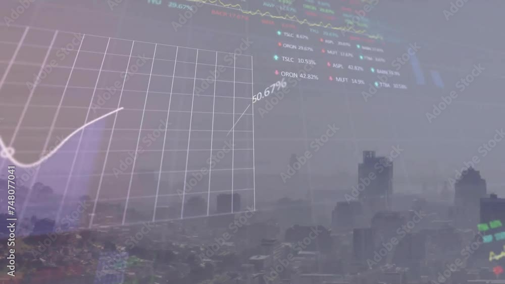 Poster animation of financial data processing over cityscape