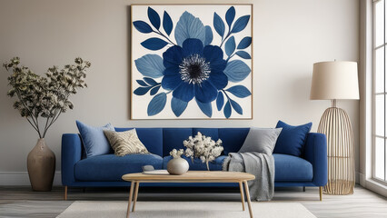 Interior of modern living room with blue sofa 3D Illustration
