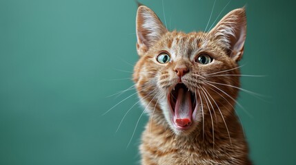 Laughing cat on green background with mouth open portrait