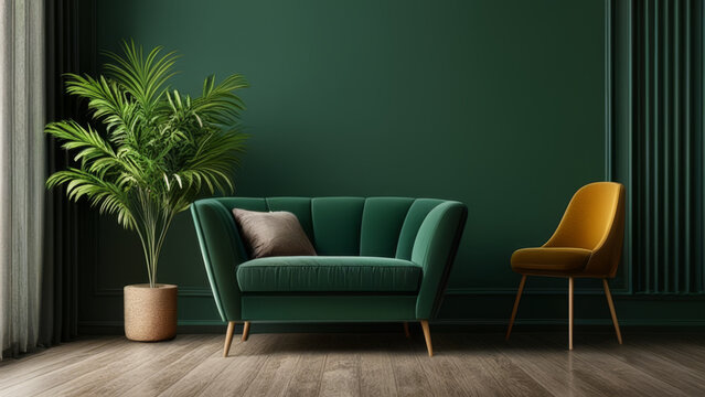Green living room interior with armchair and plant - 3d rendering