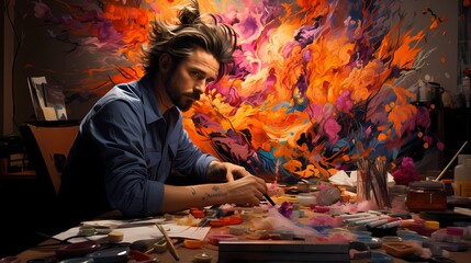 An artistic composition featuring an artist in action, confidently drawing a self-portrait on a...