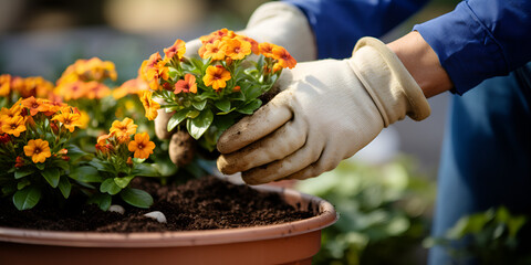 Hands in green gloves plant flowers in pot stock 