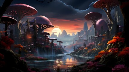 An artistic composition featuring a digital painting of a surreal landscape, with floating islands and fantastical creatures, evoking a sense of imagination and wonder. - obrazy, fototapety, plakaty