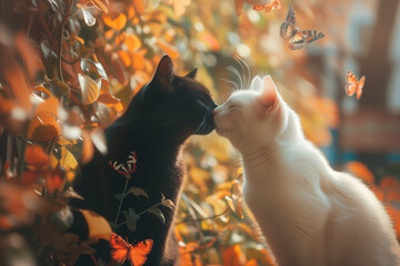 kissed cats, ginger cats, black and white cats, kiss in the garden, purring creature, kittens, kittens hugging, , solar pets, cute kittens, fluffy kittens, fluffy cat - obrazy, fototapety, plakaty