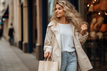 Attractive young blonde woman enjoying shopping in the city with copy space for text