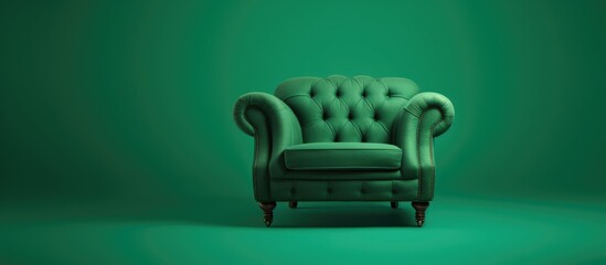 A green chair is placed in front of a green wall, creating a simple and minimalist scene. The chair stands out against the uniform color of the wall.