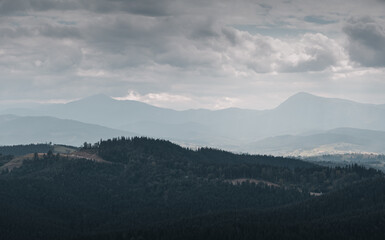 Rainy day mountains - gray cloudy weather in Carpathian mountains. View from the top of Bukovel mountain at the two highest mountains in Ukraine - Hoverla and Petros mountain peaks. 