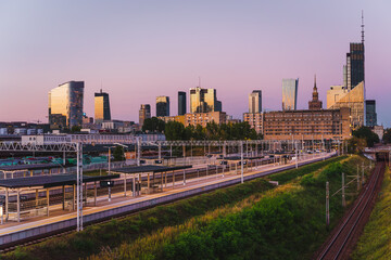 Warsaw, Poland - panorama of a city skyline at dusk. Cityscape view of Warsaw. Skyscrapers in Warsaw. Capital of Poland at blue hour